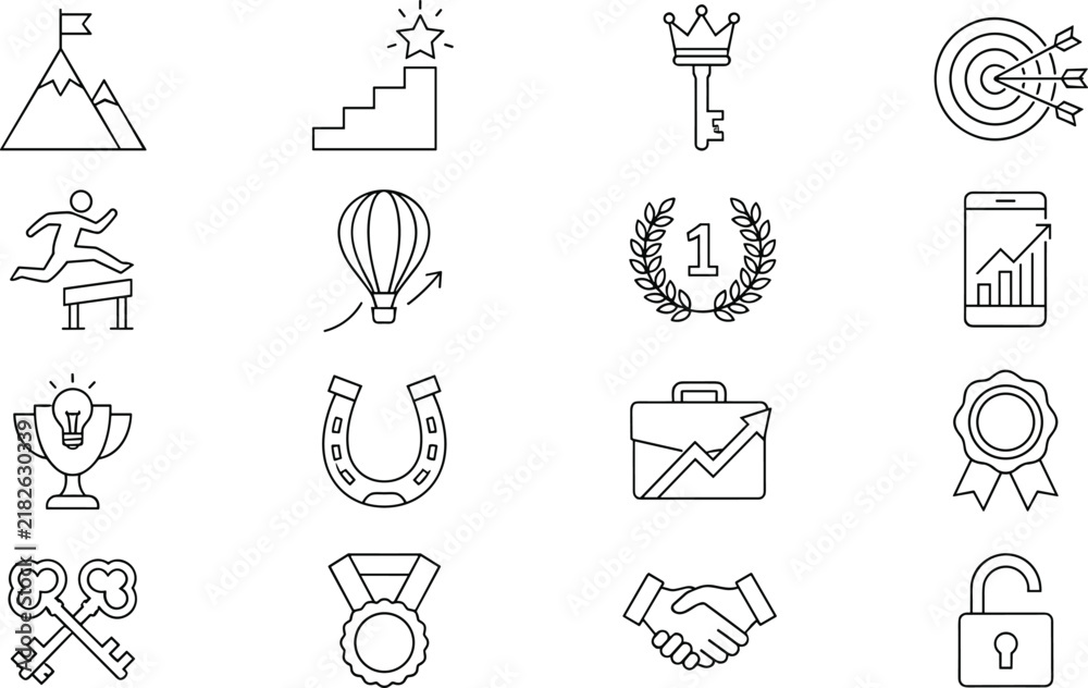 Fototapeta premium Achievement and Success Business Icon Set with Goals, Leadership, Awards, Growth, Strategy, Competition, Recognition, Career Progress, Security, and Victory Symbols