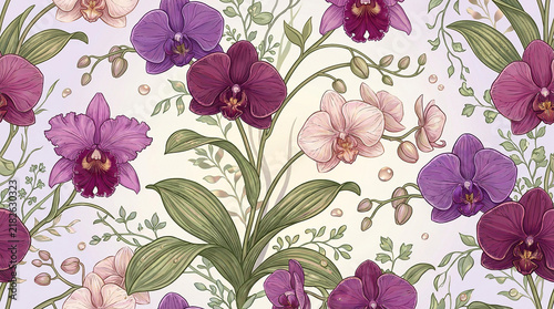 Vibrant cattleya orchids and pearls pattern on light lilac background for fashion prints.