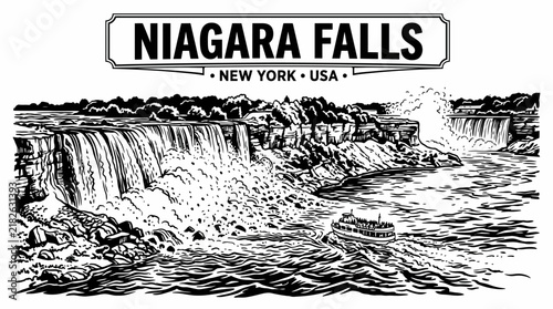 Very beautiful black and white vector of Niagara Falls featuring Horseshoe Falls, mist, river, sightseeing boat, and WELCOME TO NIAGARA FALLS • NEW YORK • USA, isolated on white background, no gradien