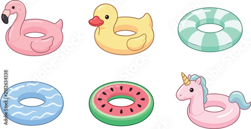 Cute Inflatable Pool Float Collection with Flamingo, Duck, Unicorn, Watermelon, and Colorful Donut Rings for Summer Swimming Activities