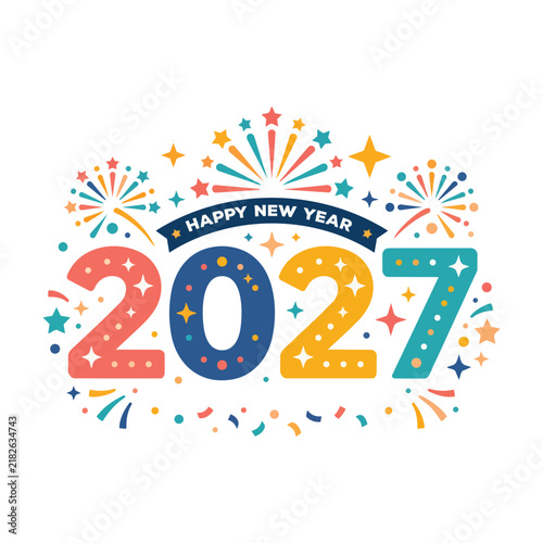 Happy New Year 2027 festive celebration graphic with colorful numbers and fireworks