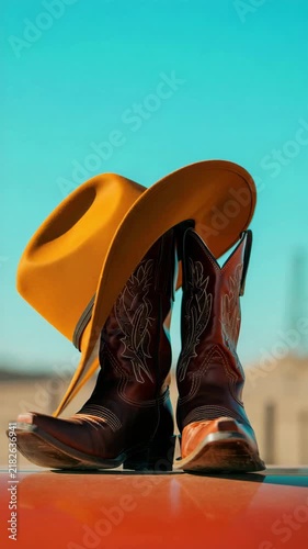 Brown cowboy boots beneath a tan western hat under an open sky, ranch fashion, rodeo footwear with traditional country clothing