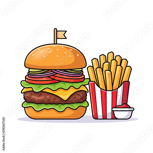 Appetizing hamburger burger and crispy french fry meal
