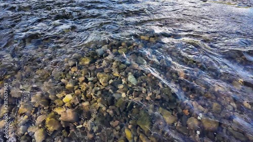The flow of a clear, clean mountain river in the shallows, natural background, slow motion