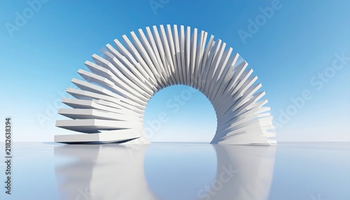 Minimalist White Abstract Spiral Archway Sculpture on Reflective Surface