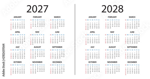 American calendar 2027, 2028 years. Week starts on Sunday. Simple business daily USA banner. Vector illustration isolated on white background