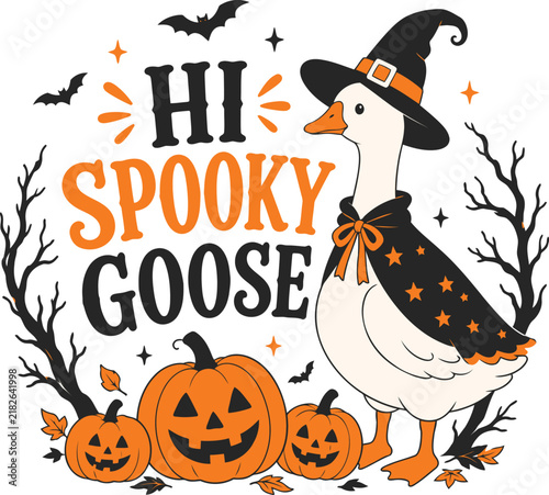 Cute cartoon goose wearing a witch hat and cape standing next to jack o lanterns for Halloween with jack o lantern Halloween celebration illustration seasonal whimsical greeting character