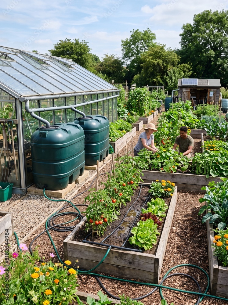 Obraz premium An eco-friendly garden with a greenhouse, raised beds, and rainwater storage tanks. The system allows natural water to be reused for irrigation, helping conserve drinking water and support sustainable