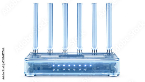 Transparent glass Wi-Fi router with six antennas and glowing blue LED lights isolated on white background high speed internet concept