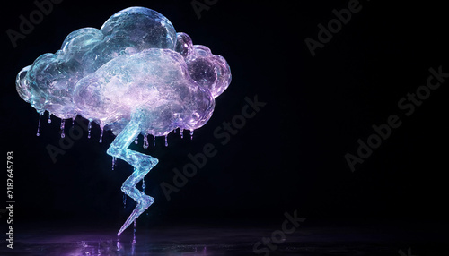 Transparent glass storm cloud with glowing lightning bolt and falling rain drops on dark background weather concept