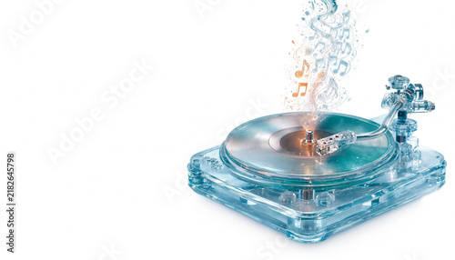 Transparent clear glass vinyl record player turntable with floating musical notes and sound wave concept on white background