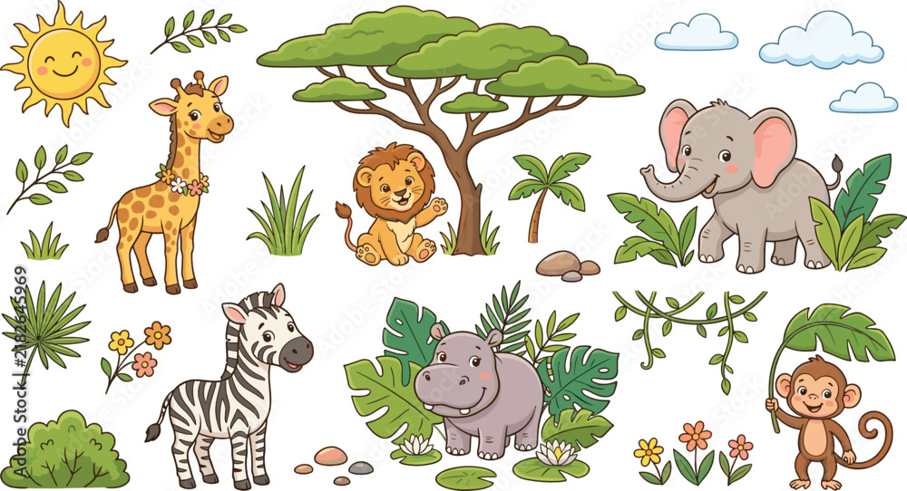 Naklejka premium Cute Safari Animal Illustration Collection with Giraffe, Lion, Elephant, Zebra, Hippopotamus, Monkey and Tropical Jungle Elements