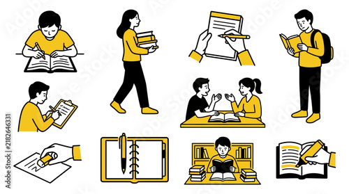 Students Studying and Learning, Education Icons Set, Isolated