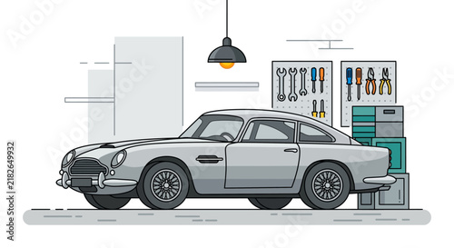 Vintage classic silver sports car parked inside an auto repair shop garage with tools on the wall and a hanging lamp flat vector illustration design.