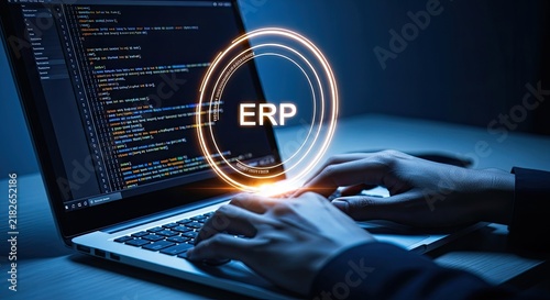 Obraz na płótnie ERP System Implementation and Management on Laptop Computer.