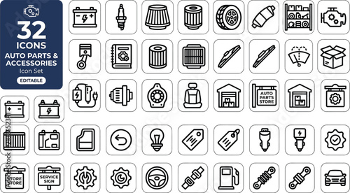Logistics, export, import and transportation line icon set