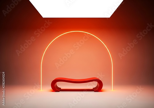 Dramatic futuristic stage with a red curved bench and an orange neon arch, bathed in a striking red glow and dramatic lighting, perfect for product showcases or abstract concepts.