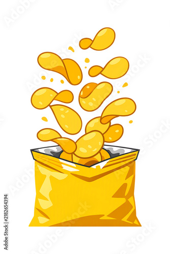 Cartoon Yellow Potato Chip Bag with Flying Crisps