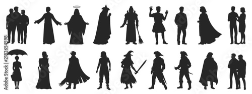 Assorted silhouettes of people in diverse costumes and roles, including a wizard, knight, pirate, and various figures, isolated on a white background, for projects