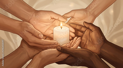 Diverse Hands Holding Lit Candle, Unity and Connection Concept, Ethnic Community Prayer, Spiritual Lighting Symbol, Illumination and Faith, Religious Harmony Gesture