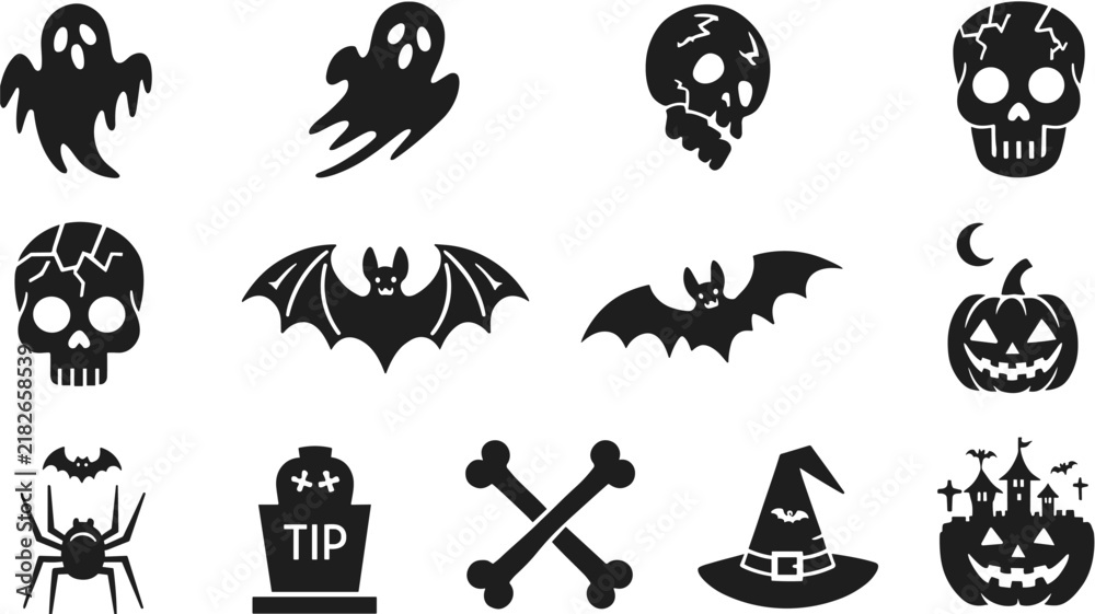 Fototapeta premium Collection of black halloween silhouettes featuring ghosts, skulls, bats, a jack-o-lantern, a tombstone, crossbones, a witch hat, and a spider on a white background