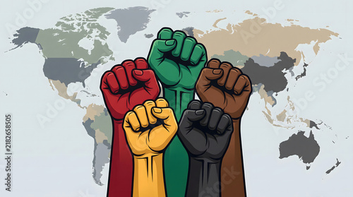Black, White, And Diverse Raised Fists Symbolizing International Solidarity And Unity. Global Human Rights, Freedom, And Anti-Racism Vector Illustration Concept.