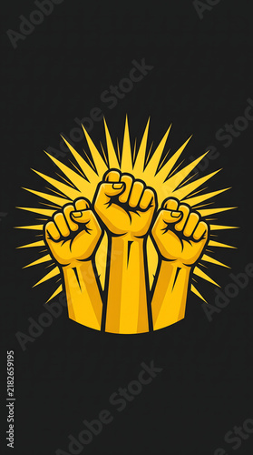 Three Raised Fists Graphic, Yellow Retro Style Icon. Protest Illustration. Struggle and Unity Symbol Design, Vector Art, Activism Logo