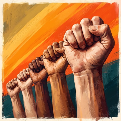 Vintage painted raised fists symbolizing unity, art print style illustration of solidarity, retro protest poster design concept