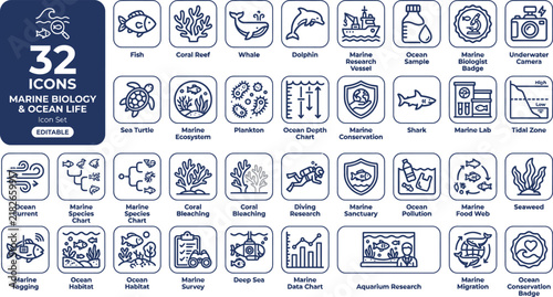 Logistics, export, import and transportation line icon set