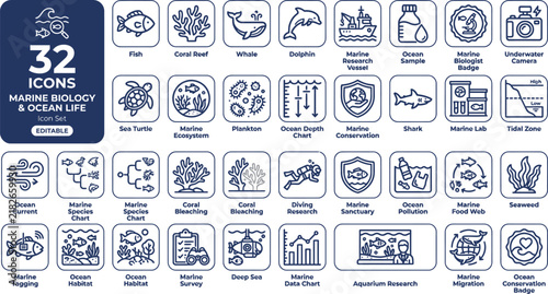 Logistics, export, import and transportation line icon set