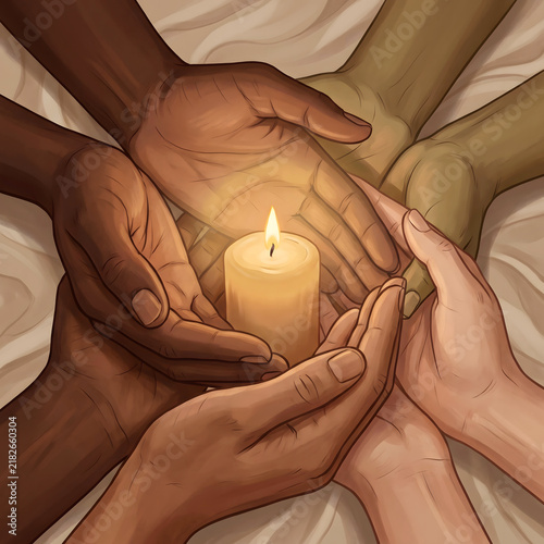 Diverse hands ring of unity with candle, multiracial community circle, spirituality and togetherness concept, warm glow connection at prayer