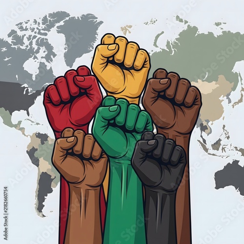 Retro style raised fists symbolizing unity and resistance, six arms in pan-African colors over world map background