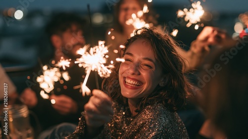 Friends celebrating New Year on a rooftop, group of joyful friends holding burning sparklers against the night sky, festive celebration and friendship, stock photo