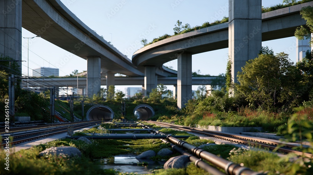 Fototapeta premium Futuristic infrastructure corridor with elevated highways, tunnels, rail lines, and green stormwater
