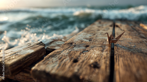 Paper boat adrift on weathered pier, ocean spray