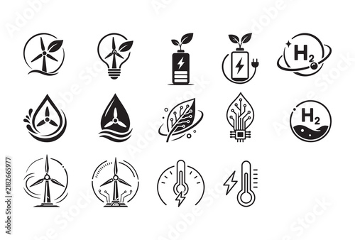 Hydrogen Energy and Renewable Power Line Icons Set with Wind Turbines