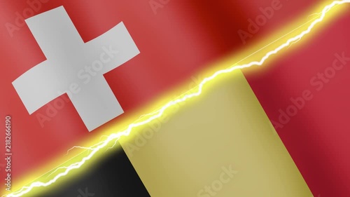 Two waving flags Switzerland and Belgium with diagonal lightning seamless, 4k loop