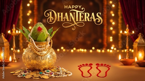 Happy Dhanteras Diwali Festival Greeting with Golden Kalash, Coins and Traditional Footprints