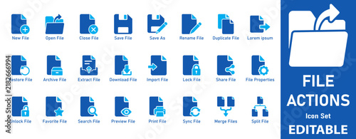 File actions icon set. Includes symbols for Open File, Save File, Download File, and Merge Files. Solid vector icons for UI design and document management systems.