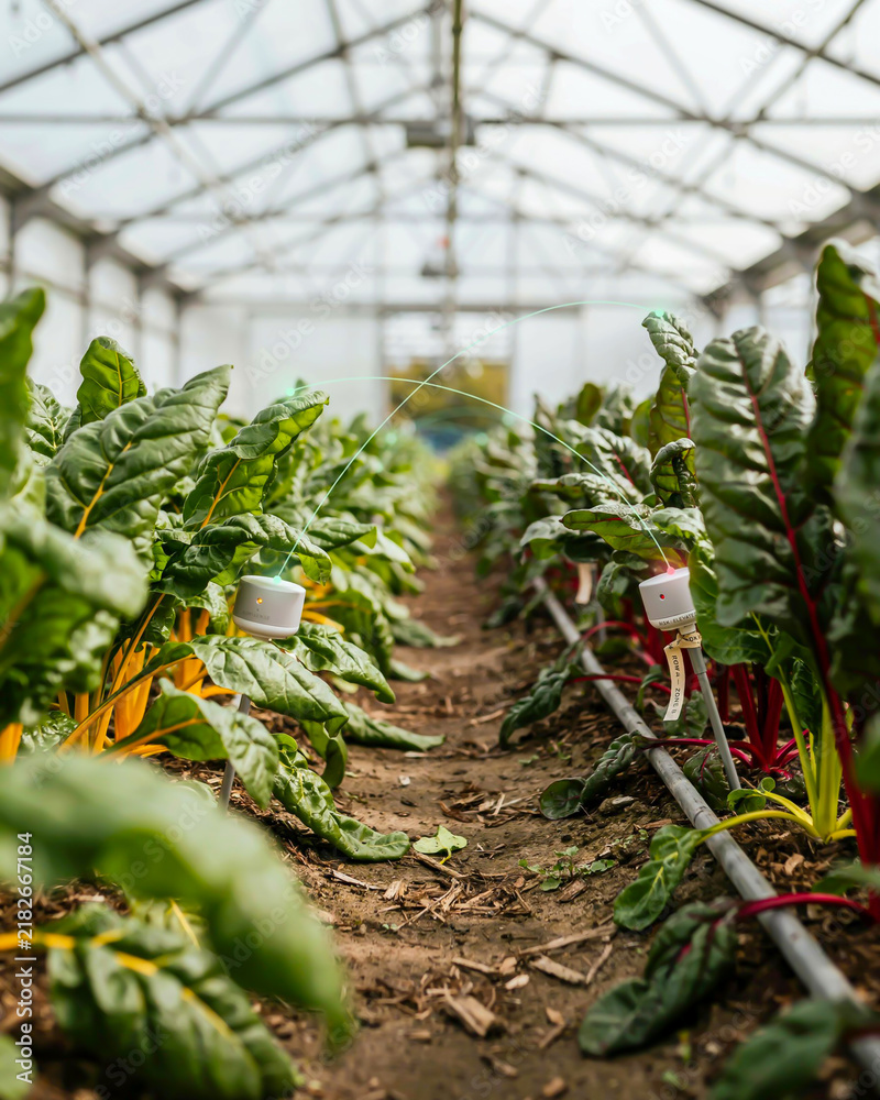 Fototapeta premium Smart Farming Sensors in a Greenhouse with Swiss Chard Plants agriculture technology