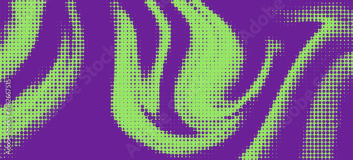 Abstract green and purple halftone dot pattern background with wave vector texture