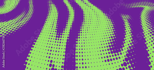 Abstract green and purple halftone dot pattern background with wave vector texture