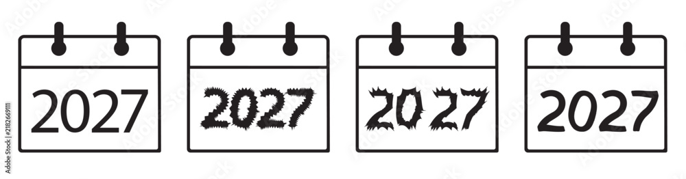 Fototapeta premium Monochrome 2027 Calendar Icon Set ,4 Styles Black and White Wall Calendar Illustrations with Handwritten, Print, Spiky, and Fuzzy Number Variations for New Year Planning