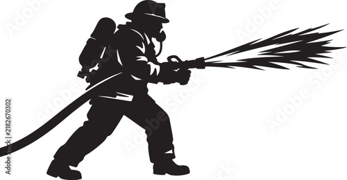 Brave firefighter silhouette wearing heavy protective gear spraying water