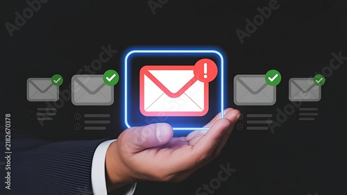 Hand holding digital email notification icons representing business communication technology and inbox management