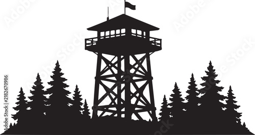 Forest Lookout Tower with Evergreen Trees Silhouette Vector