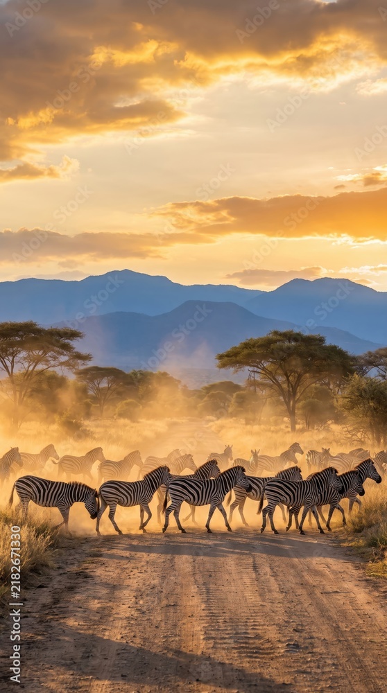 Fototapeta premium herd of wild zebras crossing dusty road in african savanna at sunset. golden hour light, mountains, acacia trees. wildlife migration, nature safari travel. magazine, print, copyspace.