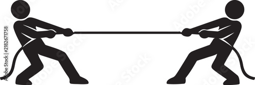 Two black stick figures pulling a rope in opposite directions, depicting a tug of war game symbol also silhouette vector