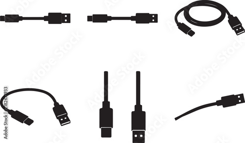 Usbc to usb a male cable for computer and mobile device charging and data transfer set 6 silhouette vector art