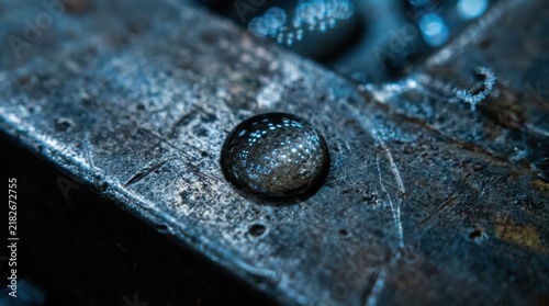 Single Pristine Water Droplet on Scratched Weathered Dark Metal Surface